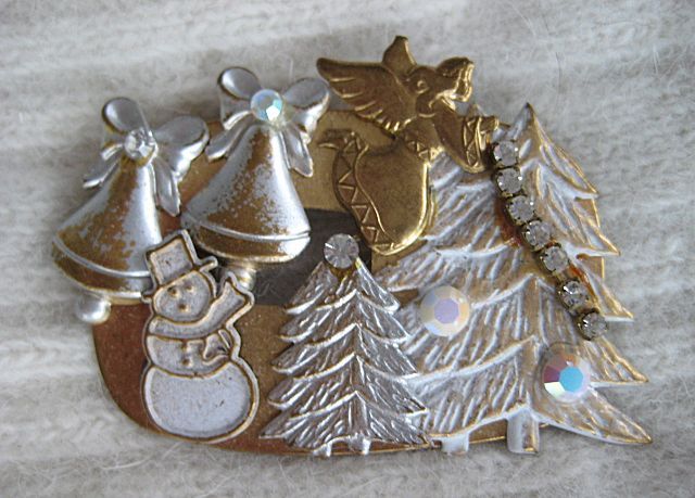 Christmas Scene Rhinestone Angel Snowman Brooch Christmas Scene Rhinestone Angel Snowman Brooch