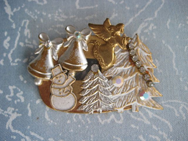 Christmas Scene Rhinestone Angel Snowman Brooch Christmas Scene Rhinestone Angel Snowman Brooch