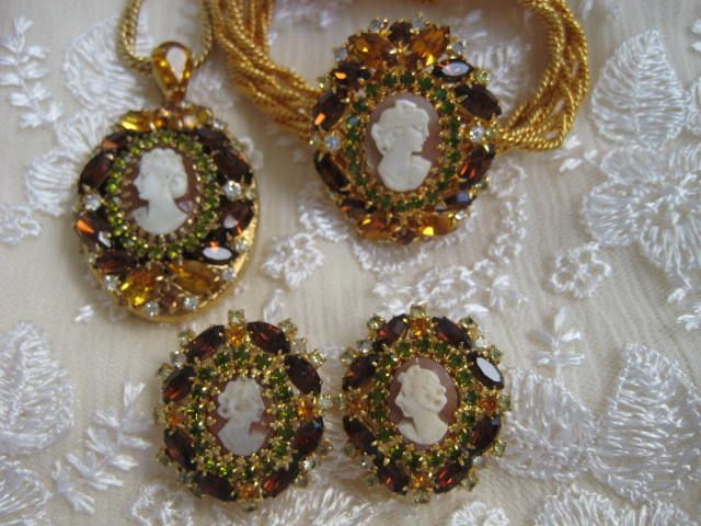 Hobe Cameo Rhinestone Locket Bracelet Earrings Full Parure Hobe Cameo Rhinestone Locket Bracelet Earrings Full Parure