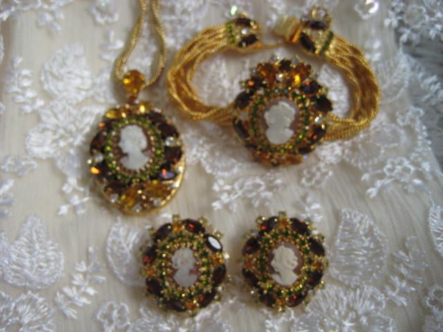 Hobe Cameo Rhinestone Locket Bracelet Earrings Full Parure Hobe Cameo Rhinestone Locket Bracelet Earrings Full Parure