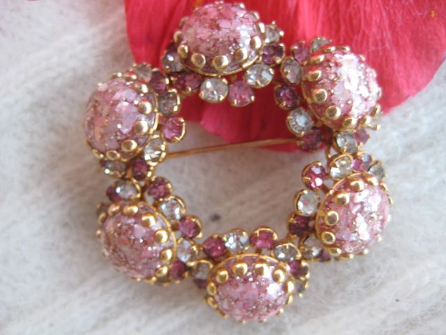 Pink Glass Cabochon Foil Confetti Rhinestone Brooch Pink Glass Cabochon Foil Confetti Rhinestone Brooch