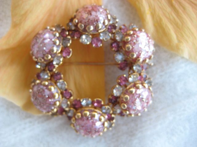Pink Glass Cabochon Foil Confetti Rhinestone Brooch Pink Glass Cabochon Foil Confetti Rhinestone Brooch