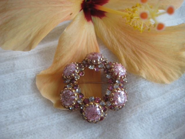 Pink Glass Cabochon Foil Confetti Rhinestone Brooch Pink Glass Cabochon Foil Confetti Rhinestone Brooch