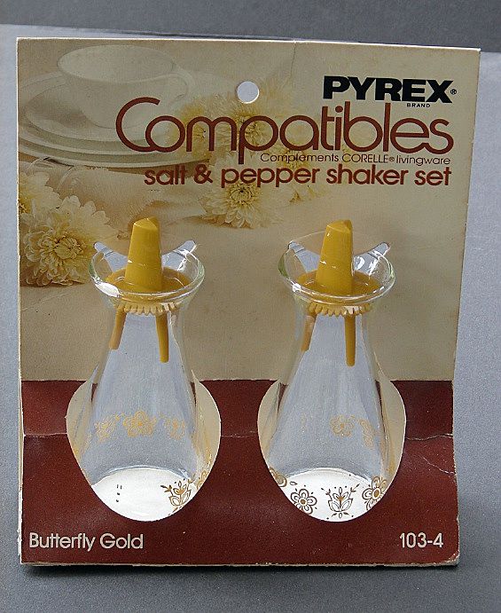 Pyrex Butterfly Gold Salt & Pepper Shakers In Original Package Pyrex Butterfly Gold Salt & Pepper Shakers In Original Package