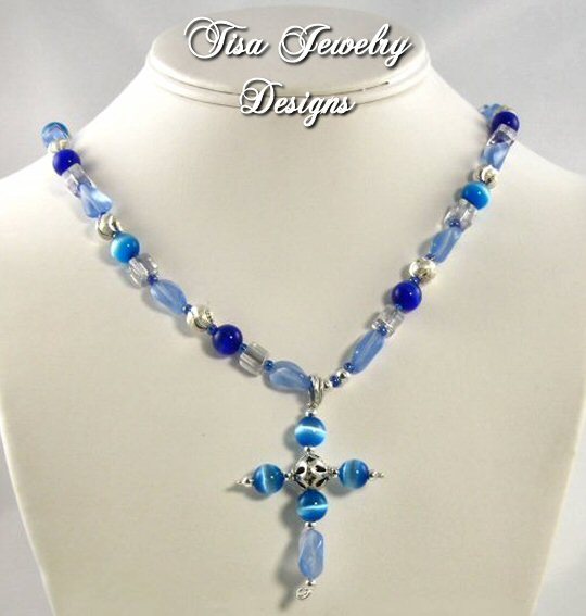 HOPE – Cross and necklace of chalcedony, cat's eye and sterling silver beads HOPE – Cross and necklace of chalcedony, cat's eye and sterling silver beads