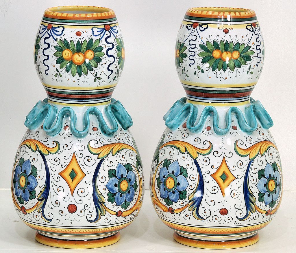 Pair Vintage Volpi Deruta Hand Painted Raffaellesco Majolica Vases Pair Vintage Volpi Deruta Hand Painted Raffaellesco Majolica Vases