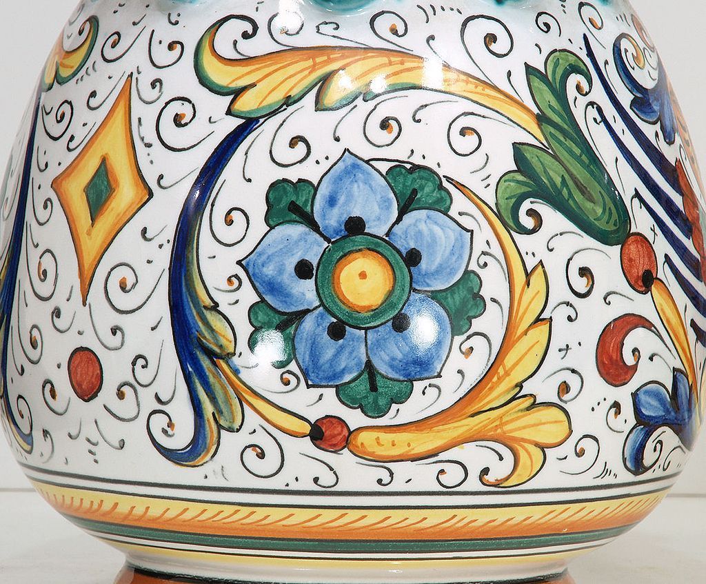 Pair Vintage Volpi Deruta Hand Painted Raffaellesco Majolica Vases Pair Vintage Volpi Deruta Hand Painted Raffaellesco Majolica Vases