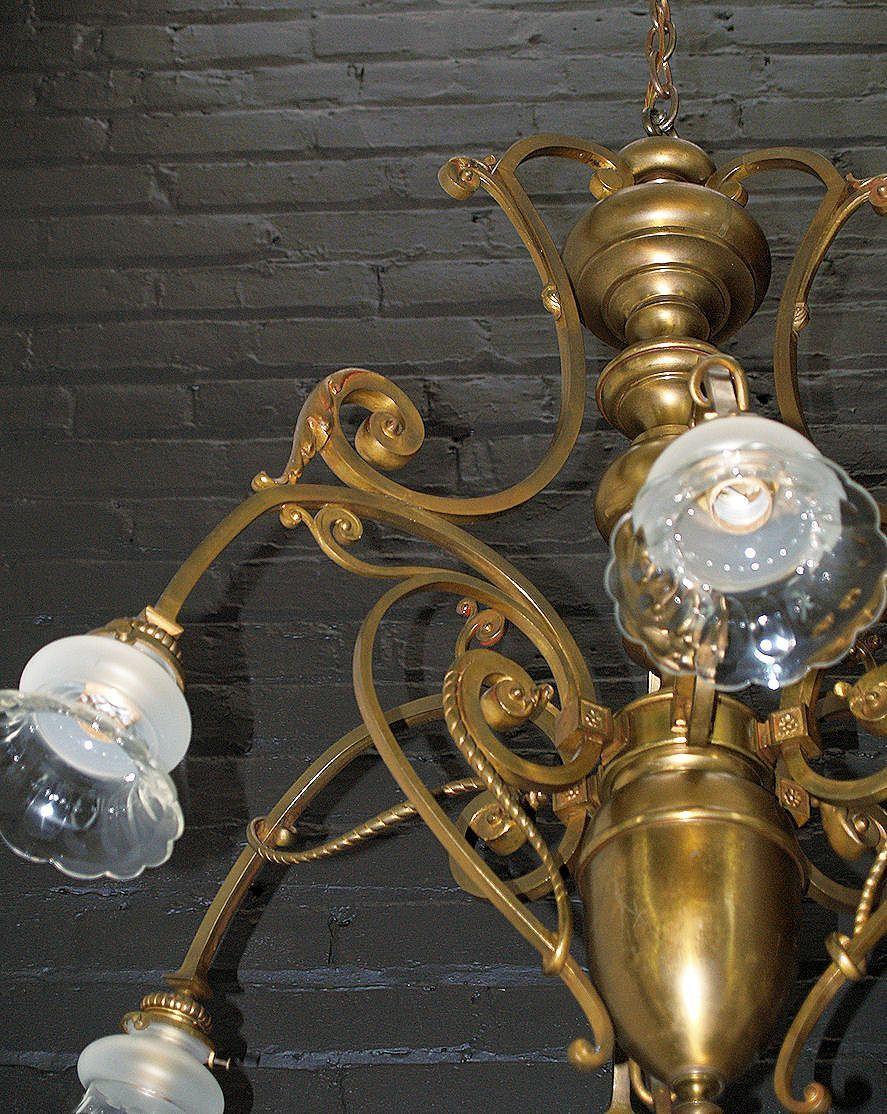 Antique French Large Bronze 6 Light Chandelier - Cut Glass Shades Antique French Large Bronze 6 Light Chandelier - Cut Glass Shades