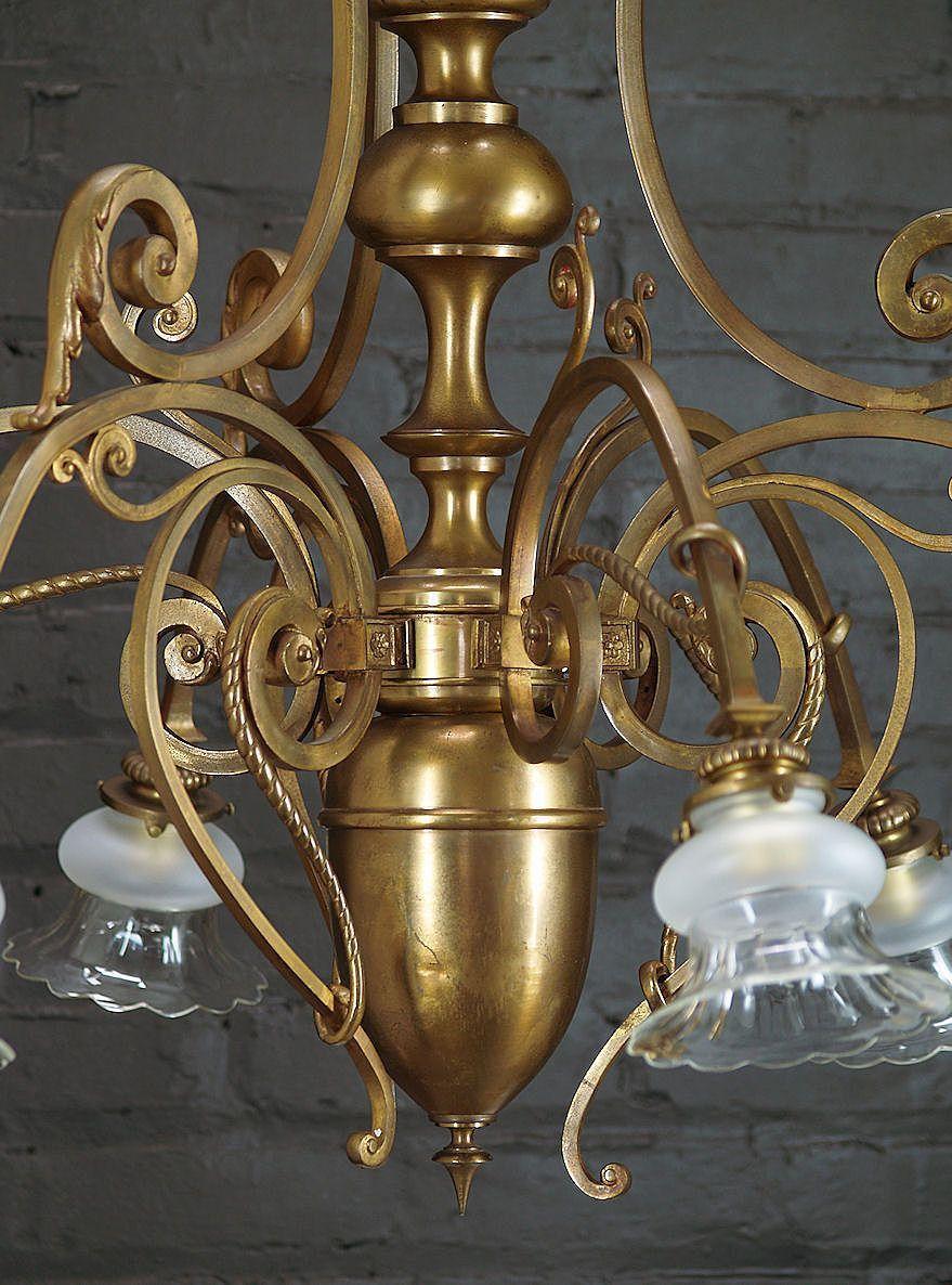 Antique French Large Bronze 6 Light Chandelier - Cut Glass Shades Antique French Large Bronze 6 Light Chandelier - Cut Glass Shades