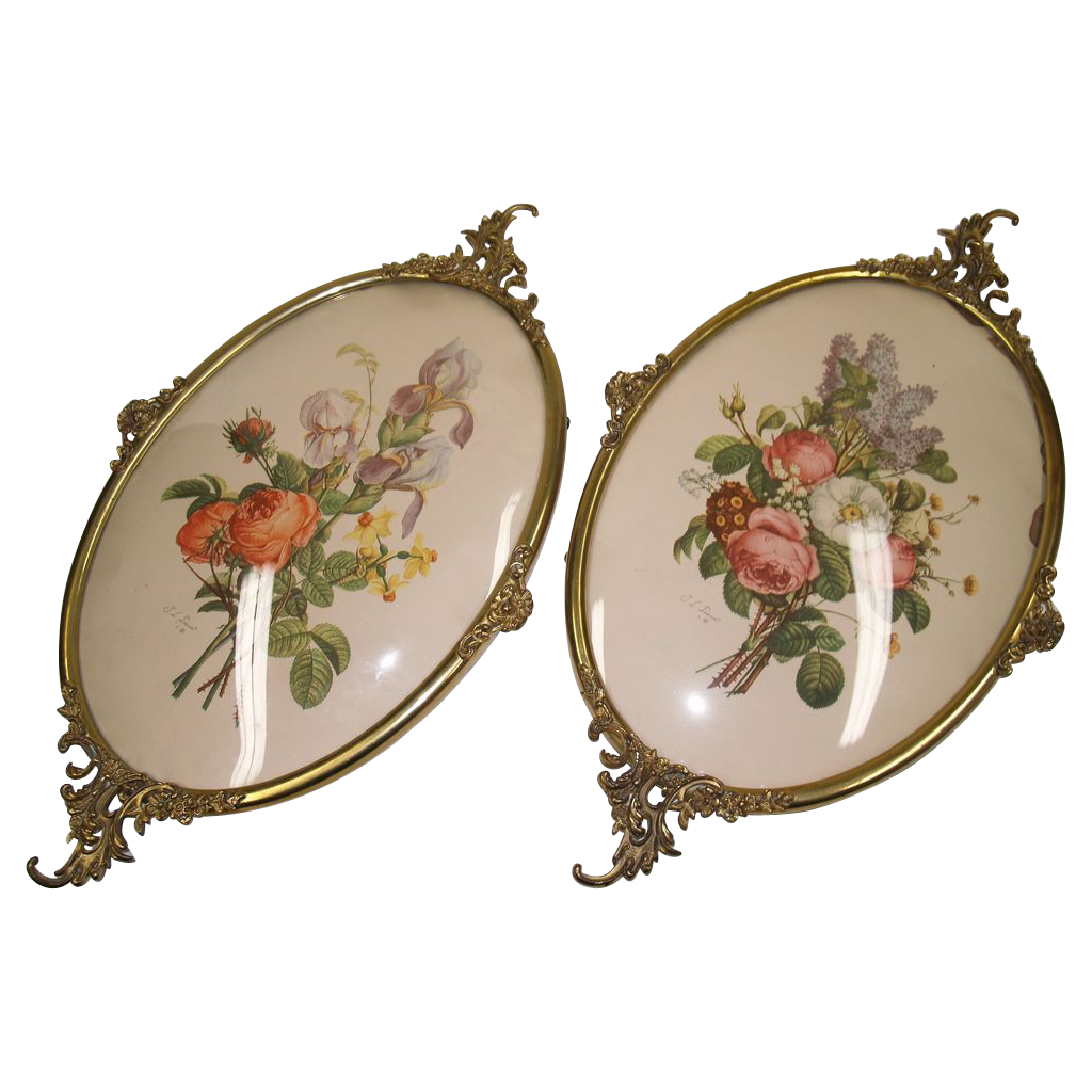 Pair Brass Frames Convex Glass - Vintage Pair Brass Frames Convex Glass - Vintage
