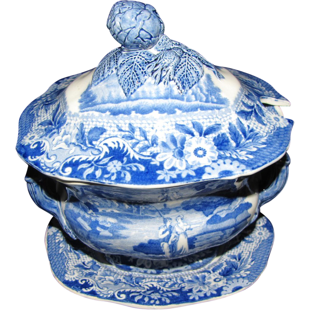 Lovely Blue Transferware Sauce Tureen, Lid, Underplate, BRAMELD Lovely Blue Transferware Sauce Tureen, Lid, Underplate, BRAMELD