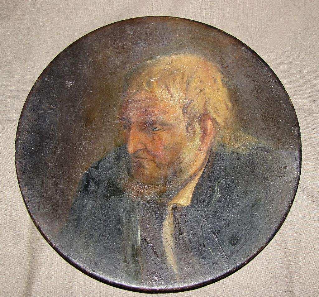 Great Portrait of a Man on Round Pewter Plate, Turn of the Century Great Portrait of a Man on Round Pewter Plate, Turn of the Century