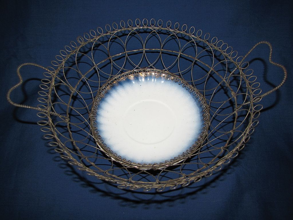 Lovely Flow Blue Plate with Wire Basket, circa 1900 Lovely Flow Blue Plate with Wire Basket, circa 1900