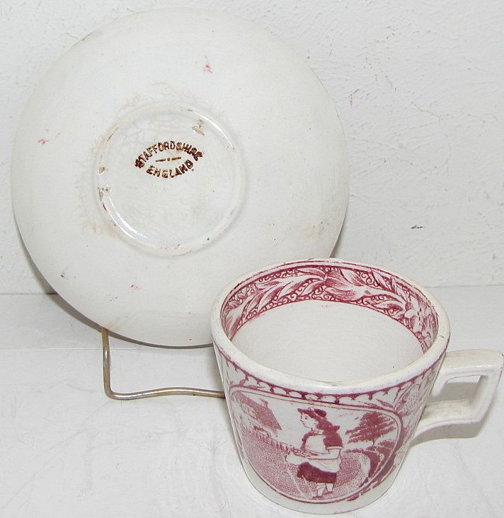 Red Transferware Cup & Saucer, May w/Apron, Allertons Red Transferware Cup & Saucer, May w/Apron, Allertons