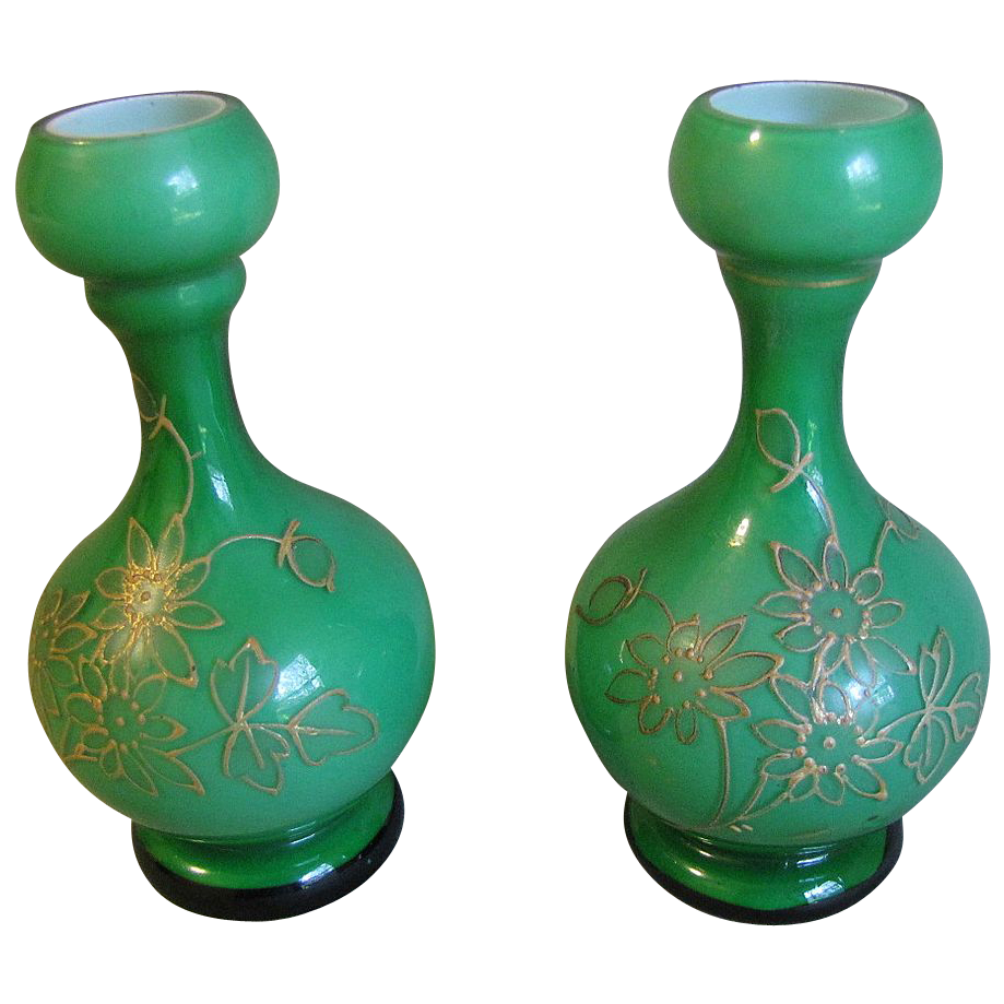 Lovely Pair of Small Glass Bud Vases, Green Cased w/ Gilded Decoration Lovely Pair of Small Glass Bud Vases, Green Cased w/ Gilded Decoration