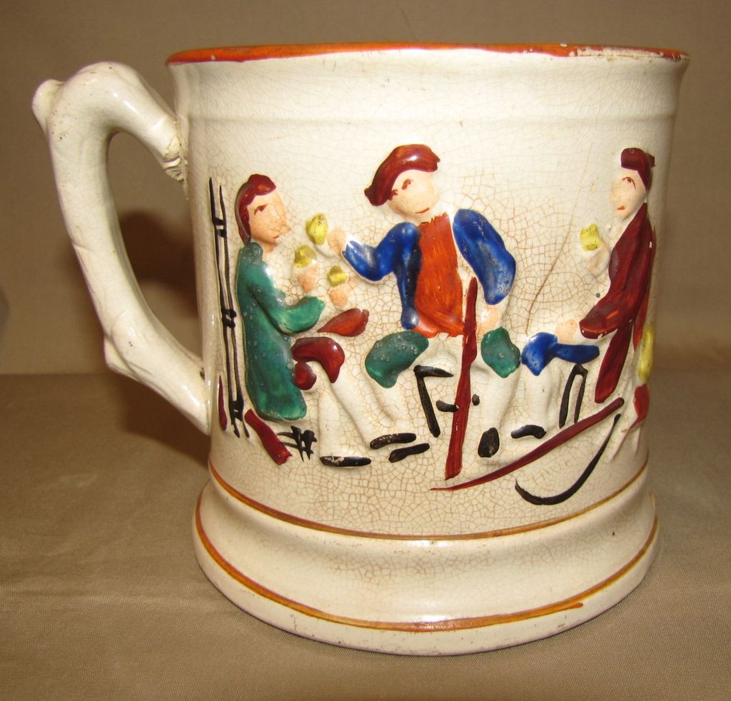 Antique Staffordshire Mug Raised Enameled Design, FROG Surprise Antique Staffordshire Mug Raised Enameled Design, FROG Surprise