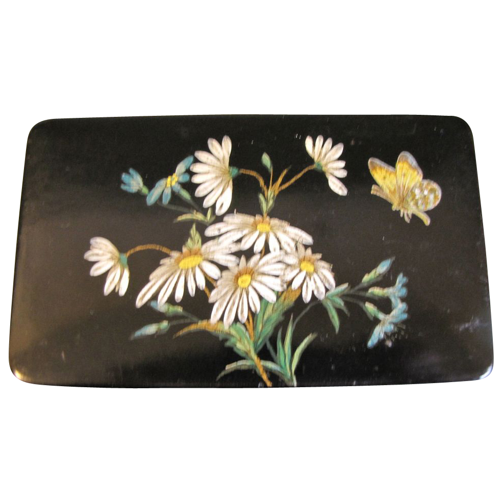 Very Large Papier Mache Ladies Snuff Box, Daisies & Butterflies Very Large Papier Mache Ladies Snuff Box, Daisies & Butterflies