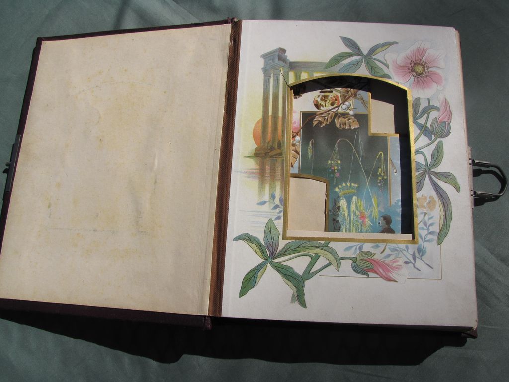 Lovely Antique Victorian Leather Photograph Album, Chromolithograph Pages Lovely Antique Victorian Leather Photograph Album, Chromolithograph Pages