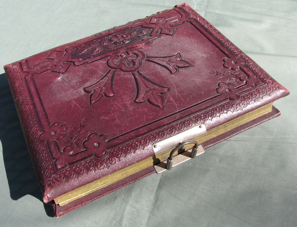 Lovely Antique Victorian Leather Photograph Album, Chromolithograph Pages Lovely Antique Victorian Leather Photograph Album, Chromolithograph Pages