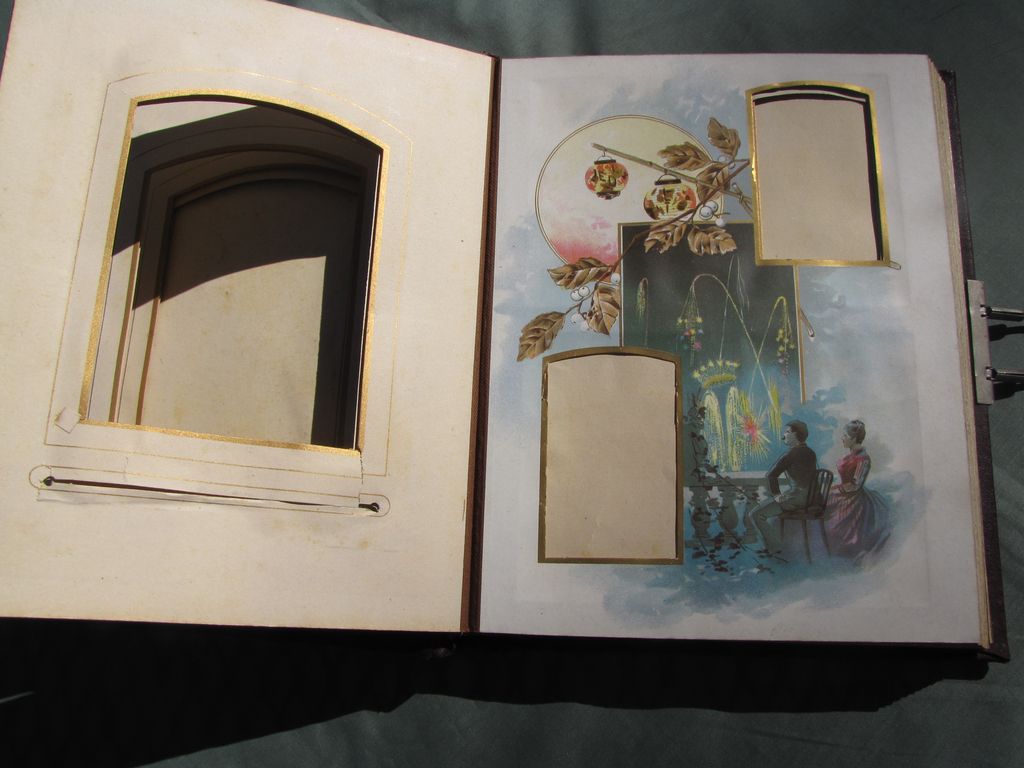 Lovely Antique Victorian Leather Photograph Album, Chromolithograph Pages Lovely Antique Victorian Leather Photograph Album, Chromolithograph Pages