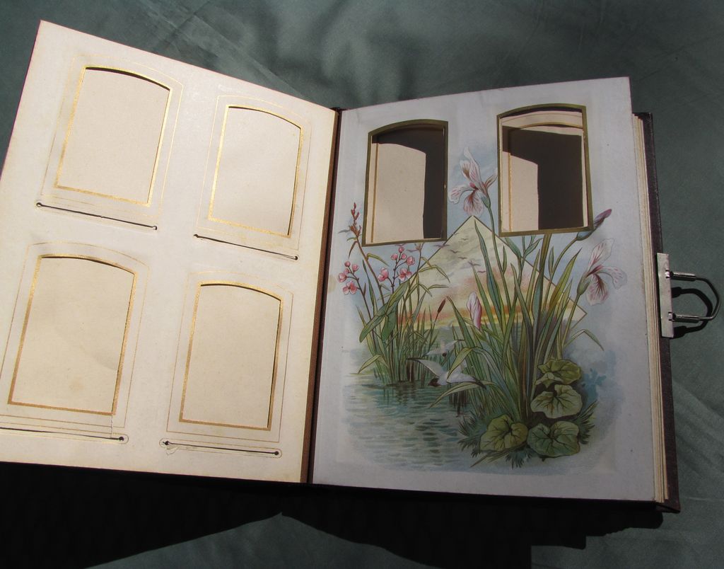 Lovely Antique Victorian Leather Photograph Album, Chromolithograph Pages Lovely Antique Victorian Leather Photograph Album, Chromolithograph Pages
