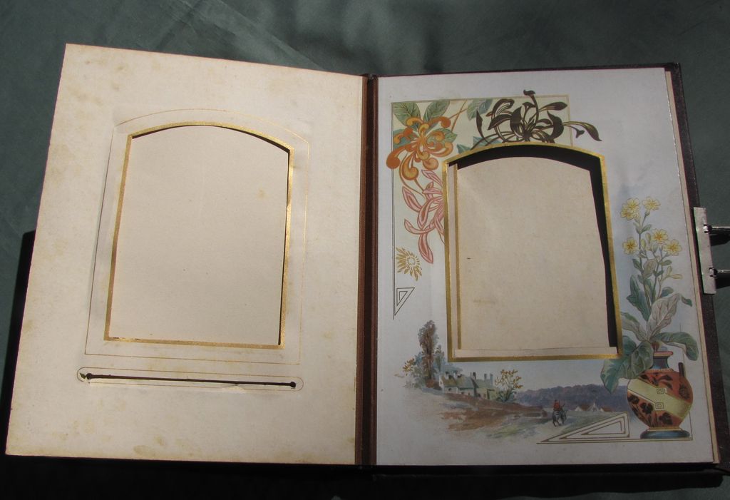 Lovely Antique Victorian Leather Photograph Album, Chromolithograph Pages Lovely Antique Victorian Leather Photograph Album, Chromolithograph Pages