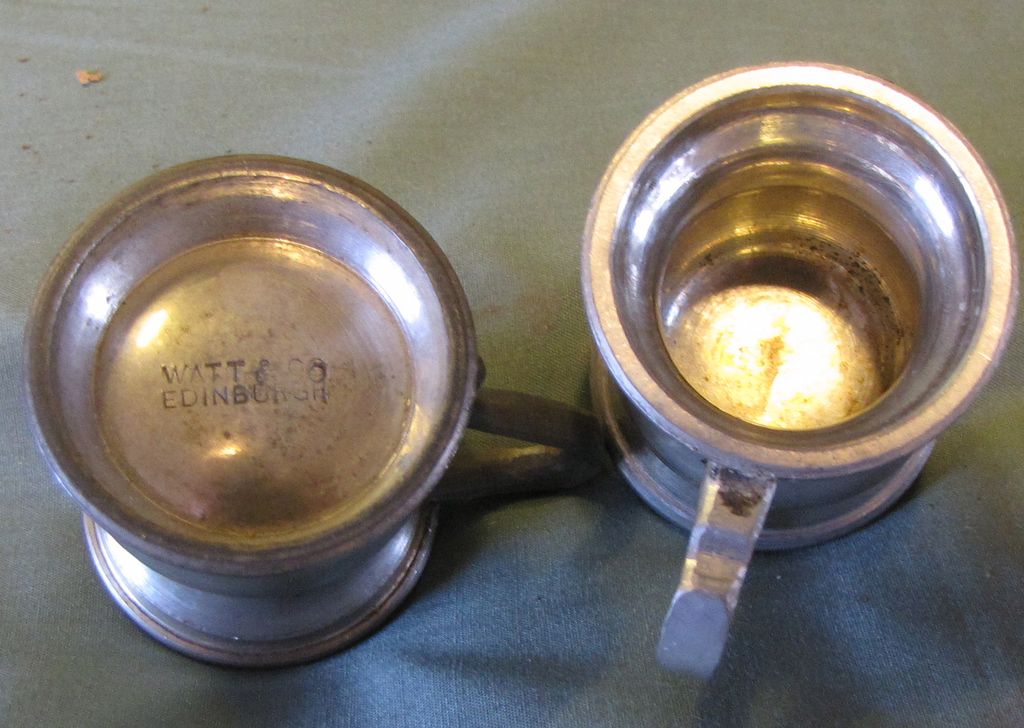 Pair of Tiny Pewter Measures, Bulbous Body, Watt & Co., Edinburgh Pair of Tiny Pewter Measures, Bulbous Body, Watt & Co., Edinburgh