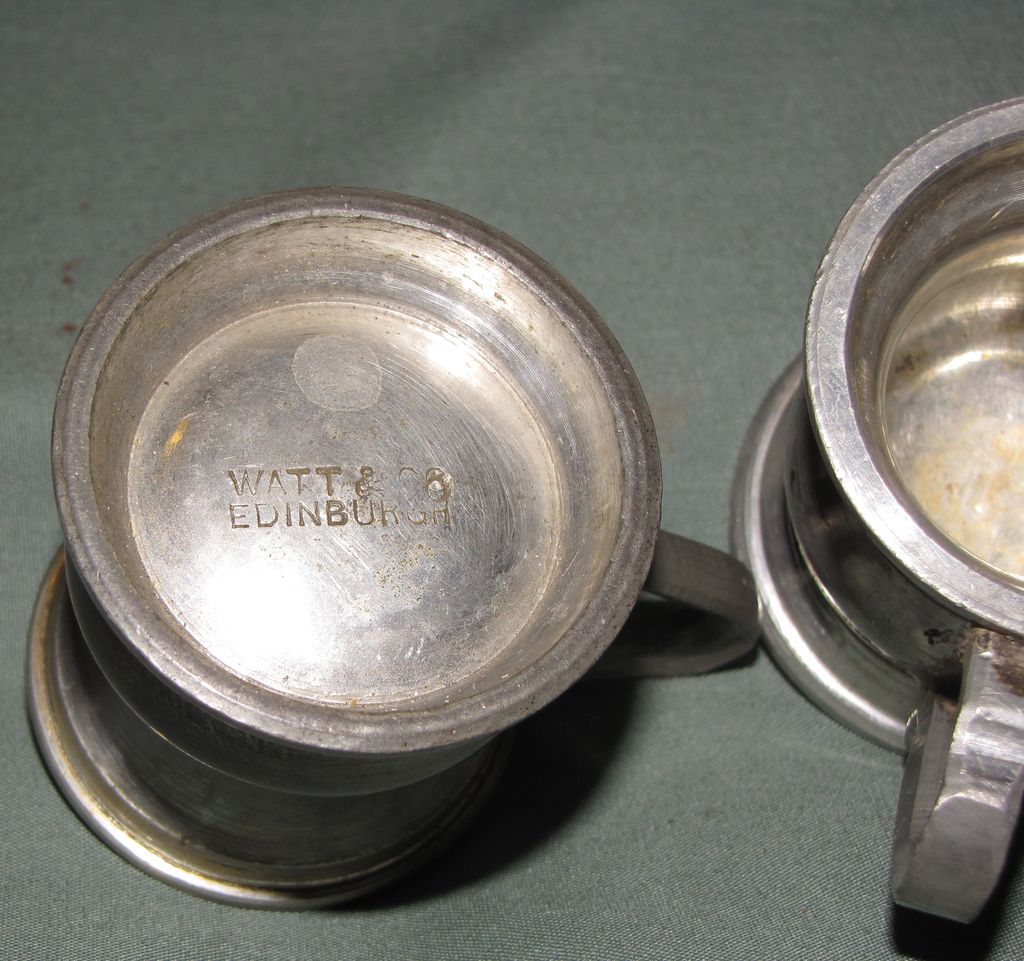 Pair of Tiny Pewter Measures, Bulbous Body, Watt & Co., Edinburgh Pair of Tiny Pewter Measures, Bulbous Body, Watt & Co., Edinburgh