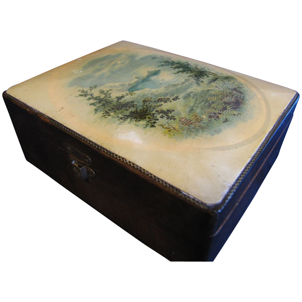 Lovely Victorian Trinket Box, Celluloid Panel on Lid Lovely Victorian Trinket Box, Celluloid Panel on Lid