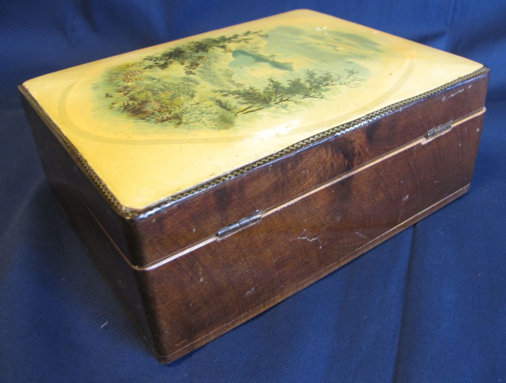 Lovely Victorian Trinket Box, Celluloid Panel on Lid Lovely Victorian Trinket Box, Celluloid Panel on Lid