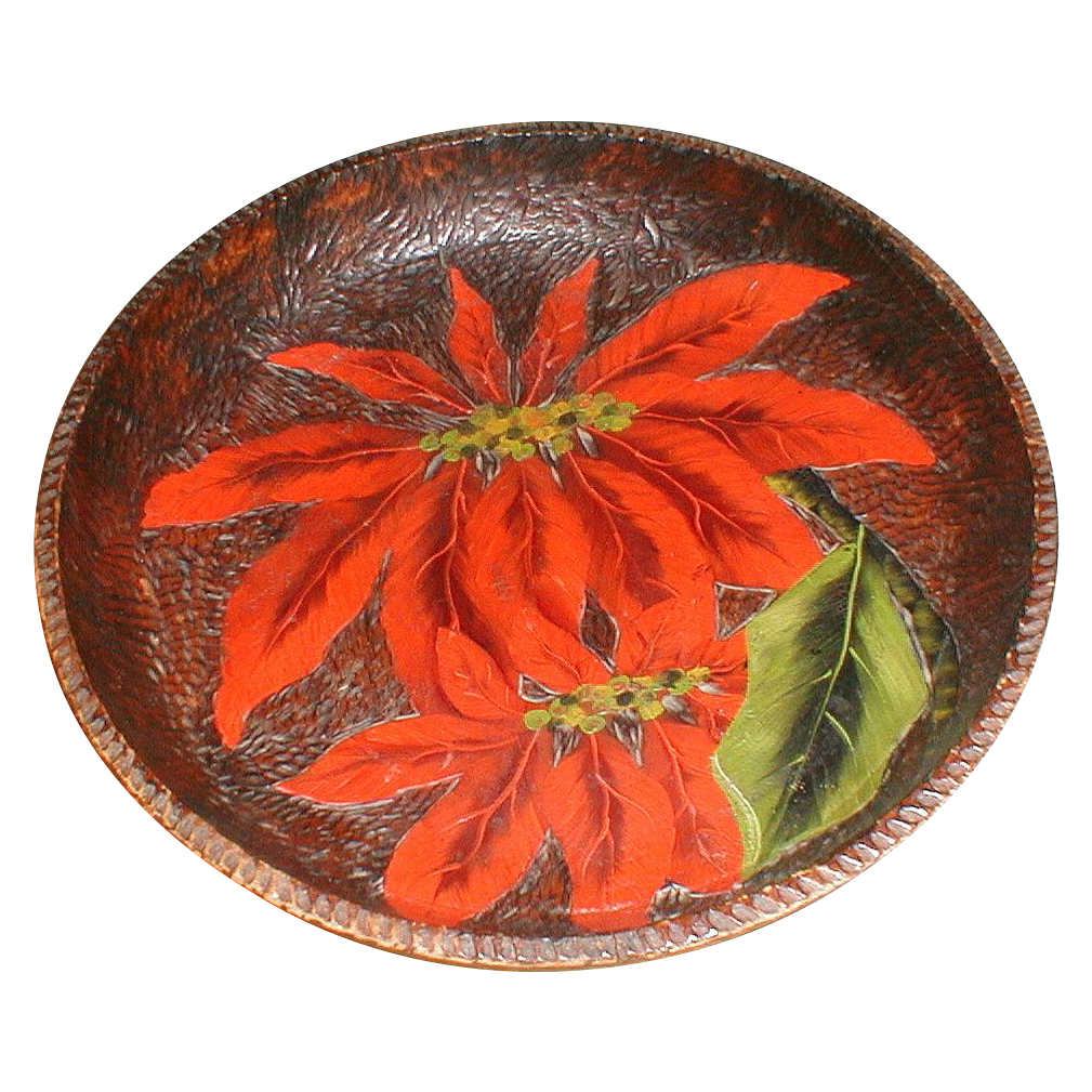 Outstanding Large Pyrography Bowl, Painted Poinsettias Outstanding Large Pyrography Bowl, Painted Poinsettias