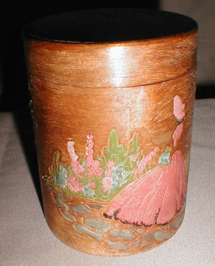 Lovely Little Round Wooden Trinket Box w/ Lady and Flowers Lovely Little Round Wooden Trinket Box w/ Lady and Flowers