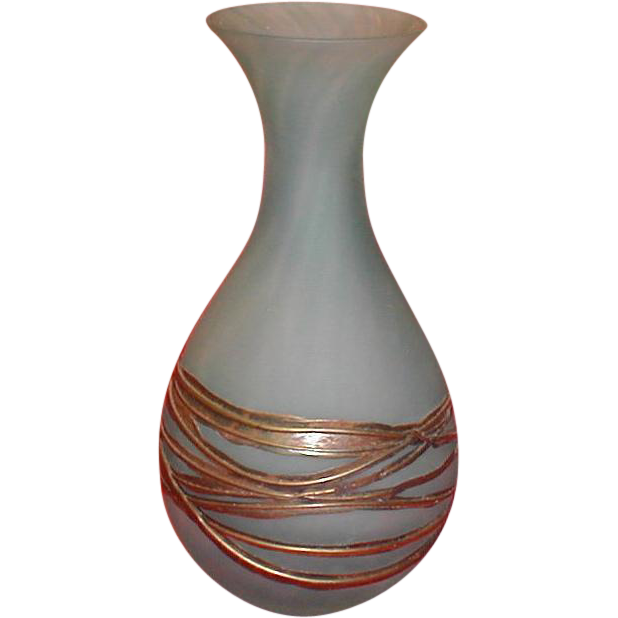 Lovely Art Glass Vase, Aqua, Applied Brass or Bronze Lovely Art Glass Vase, Aqua, Applied Brass or Bronze