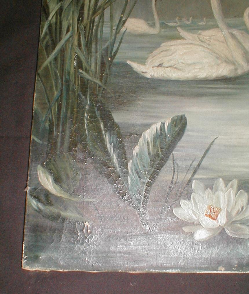 19th Century Oil Painting on Canvas, Swans & Water Lilies 19th Century Oil Painting on Canvas, Swans & Water Lilies