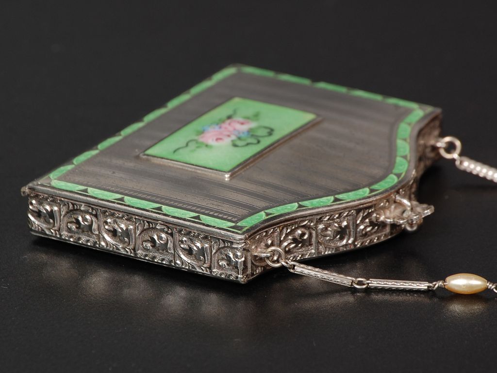 DFB Co. Enamel Powder & Rouge Compact with Lipstick Holder and Perfume Bottle DFB Co. Enamel Powder & Rouge Compact with Lipstick Holder and Perfume Bottle