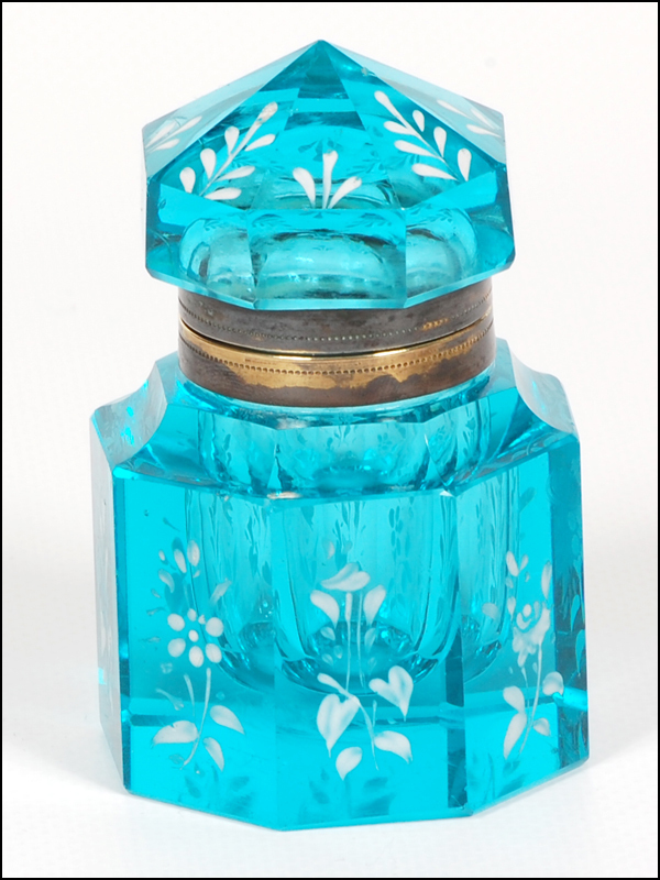 Antique Blue Cut Glass Inkwell with Floral Enameling Antique Blue Cut Glass Inkwell with Floral Enameling