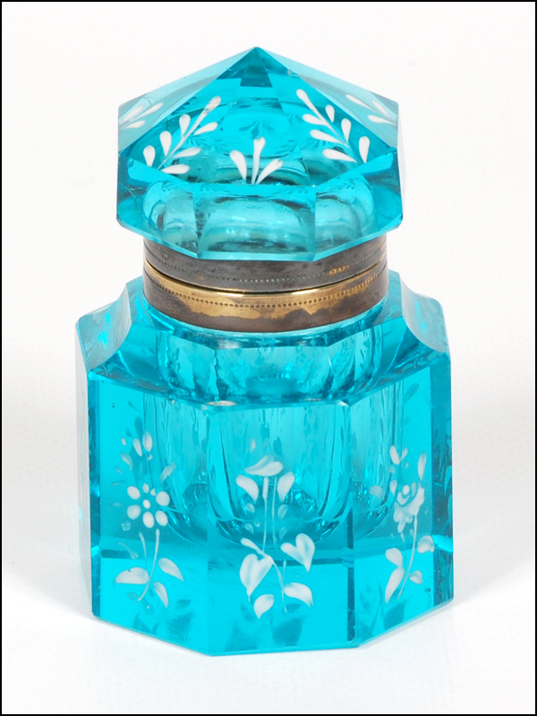 Antique Blue Cut Glass Inkwell with Floral Enameling Antique Blue Cut Glass Inkwell with Floral Enameling
