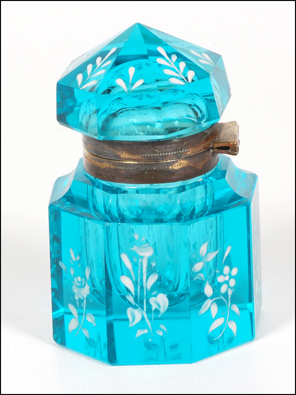 Antique Blue Cut Glass Inkwell with Floral Enameling Antique Blue Cut Glass Inkwell with Floral Enameling