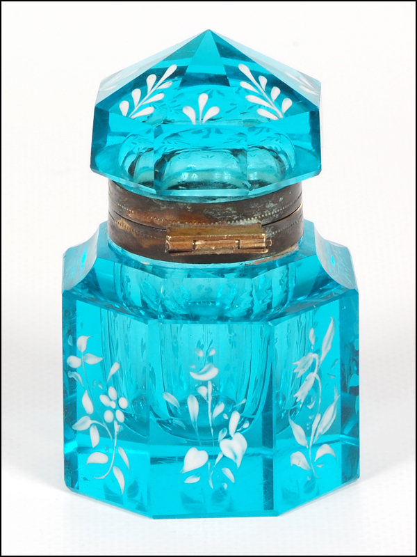 Antique Blue Cut Glass Inkwell with Floral Enameling Antique Blue Cut Glass Inkwell with Floral Enameling