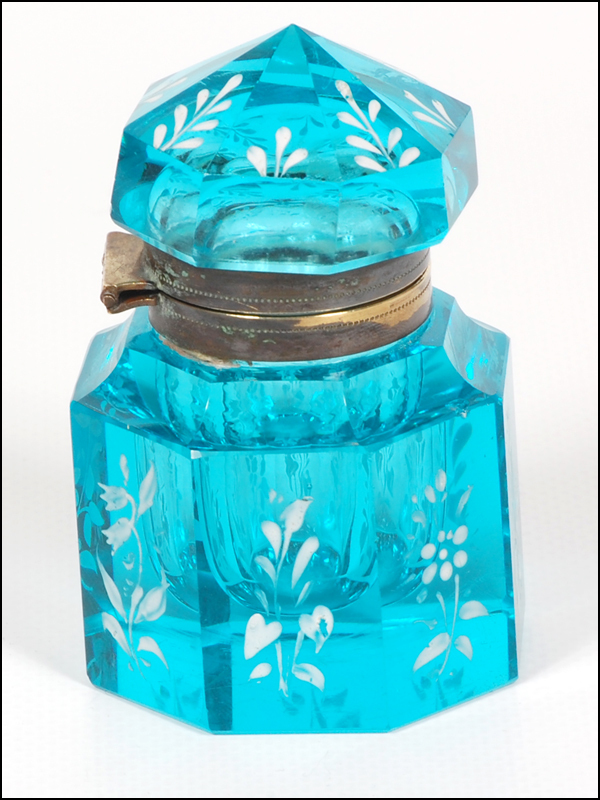 Antique Blue Cut Glass Inkwell with Floral Enameling Antique Blue Cut Glass Inkwell with Floral Enameling