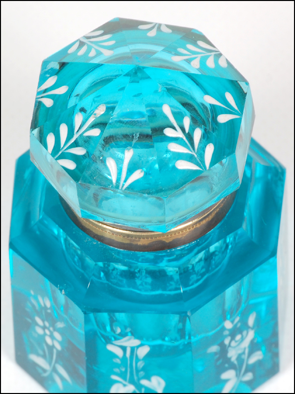 Antique Blue Cut Glass Inkwell with Floral Enameling Antique Blue Cut Glass Inkwell with Floral Enameling