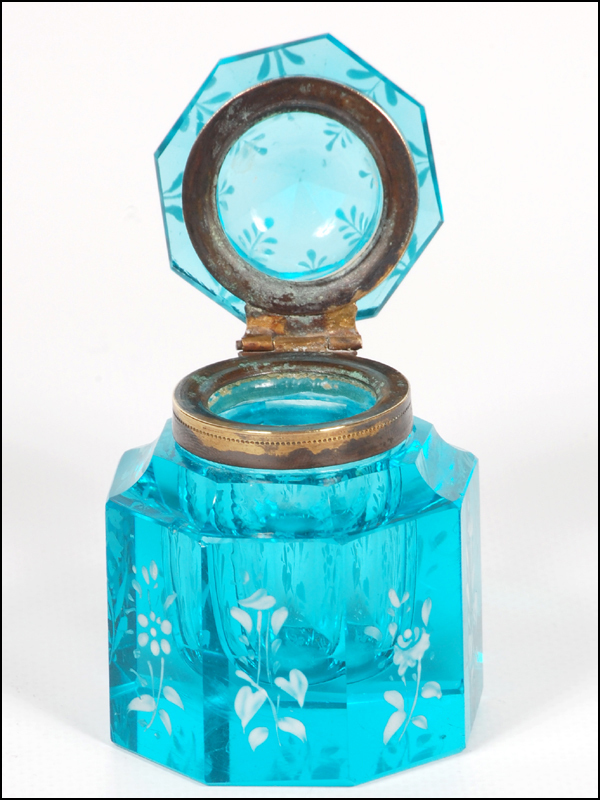 Antique Blue Cut Glass Inkwell with Floral Enameling Antique Blue Cut Glass Inkwell with Floral Enameling