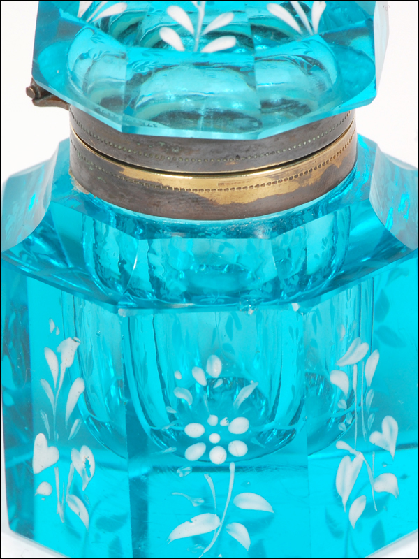 Antique Blue Cut Glass Inkwell with Floral Enameling Antique Blue Cut Glass Inkwell with Floral Enameling