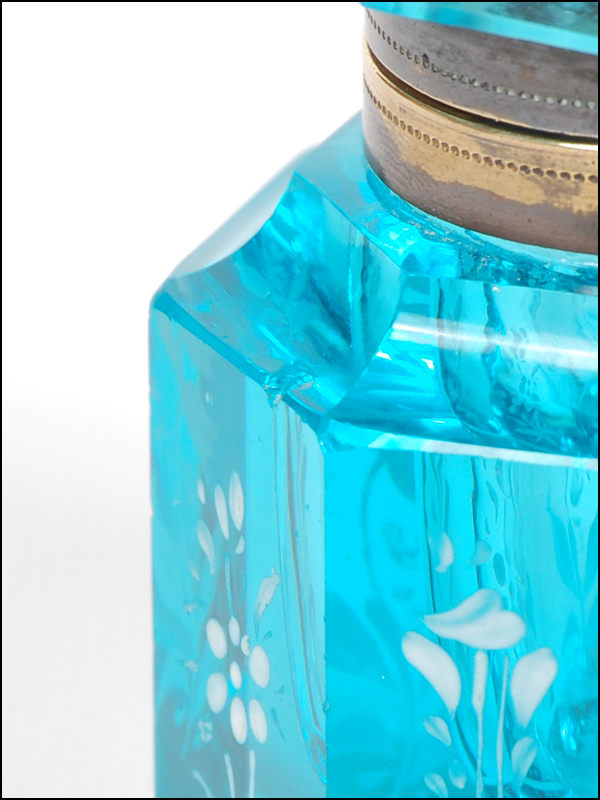 Antique Blue Cut Glass Inkwell with Floral Enameling Antique Blue Cut Glass Inkwell with Floral Enameling