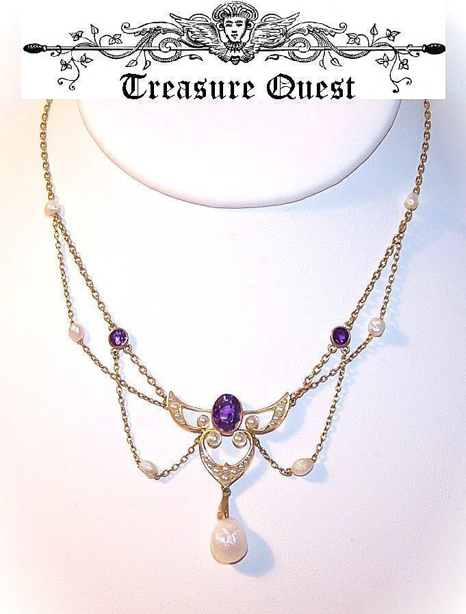 ANTIQUE EDWARDIAN 14K Gold, Amethyst & Natural Seed Pearl Festoon Necklace! ANTIQUE EDWARDIAN 14K Gold, Amethyst & Natural Seed Pearl Festoon Necklace!