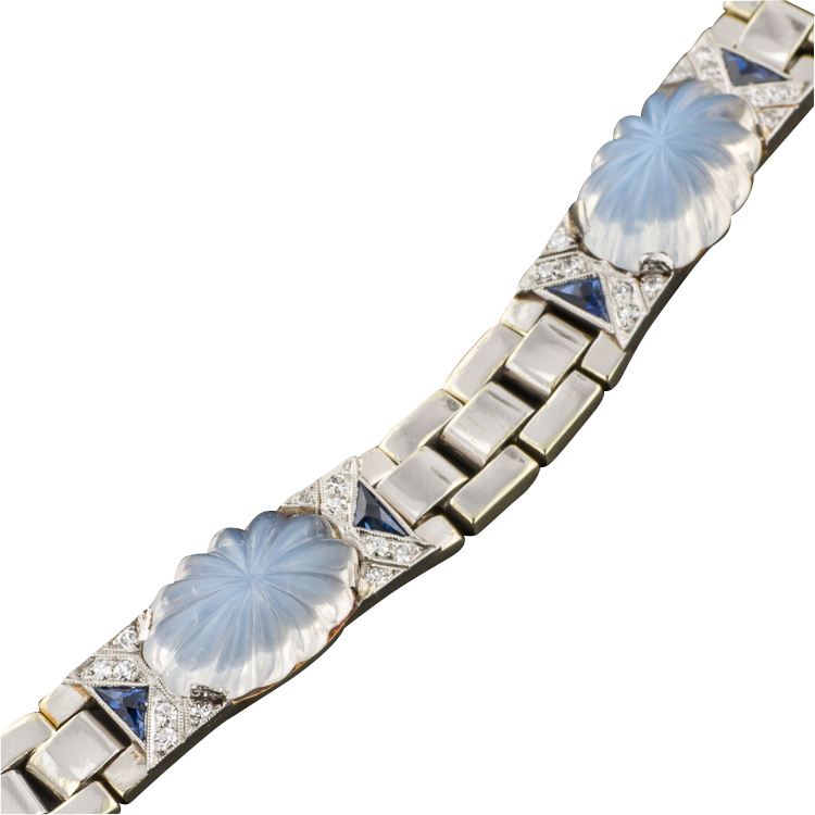 Art Deco 14k Gold Carved Moonstone Diamond & Sapphire Link Bracelet by Krementz & Co. Art Deco 14k Gold Carved Moonstone Diamond & Sapphire Link Bracelet by Krementz & Co.