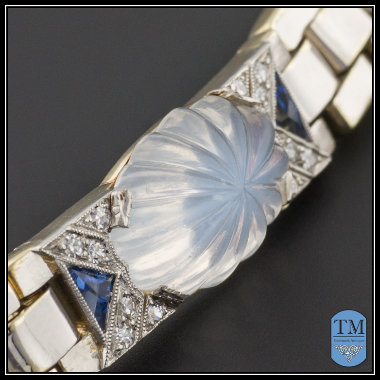 Art Deco 14k Gold Carved Moonstone Diamond & Sapphire Link Bracelet by Krementz & Co. Art Deco 14k Gold Carved Moonstone Diamond & Sapphire Link Bracelet by Krementz & Co.