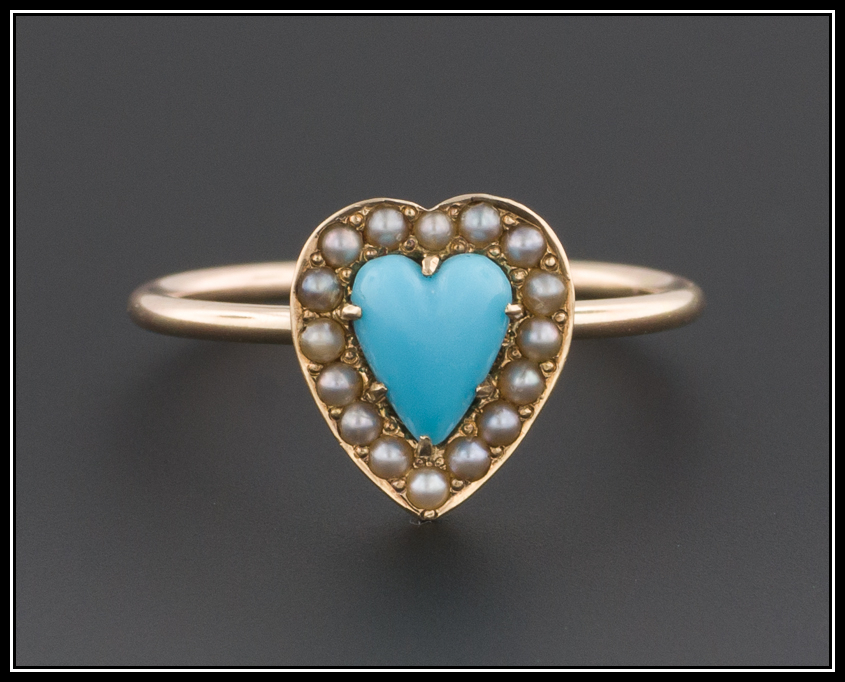 Seed Pearl  Turquoise Glass Heart Ring, 14k Gold Ring, Promise Ring
