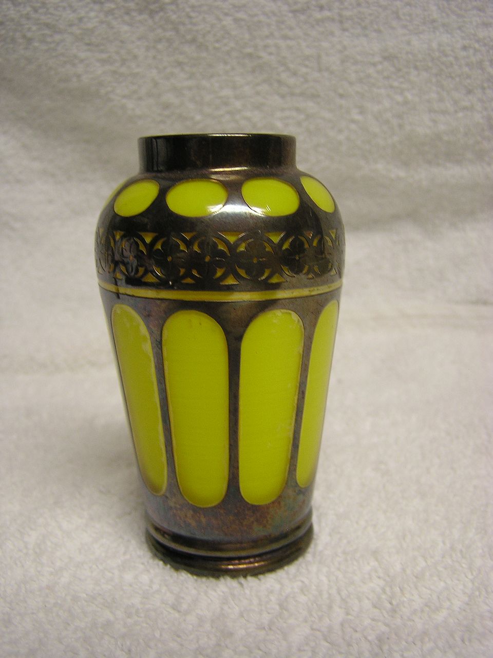 Vintage Yellow Glass Metal Designed Vase Vintage Yellow Glass Metal Designed Vase