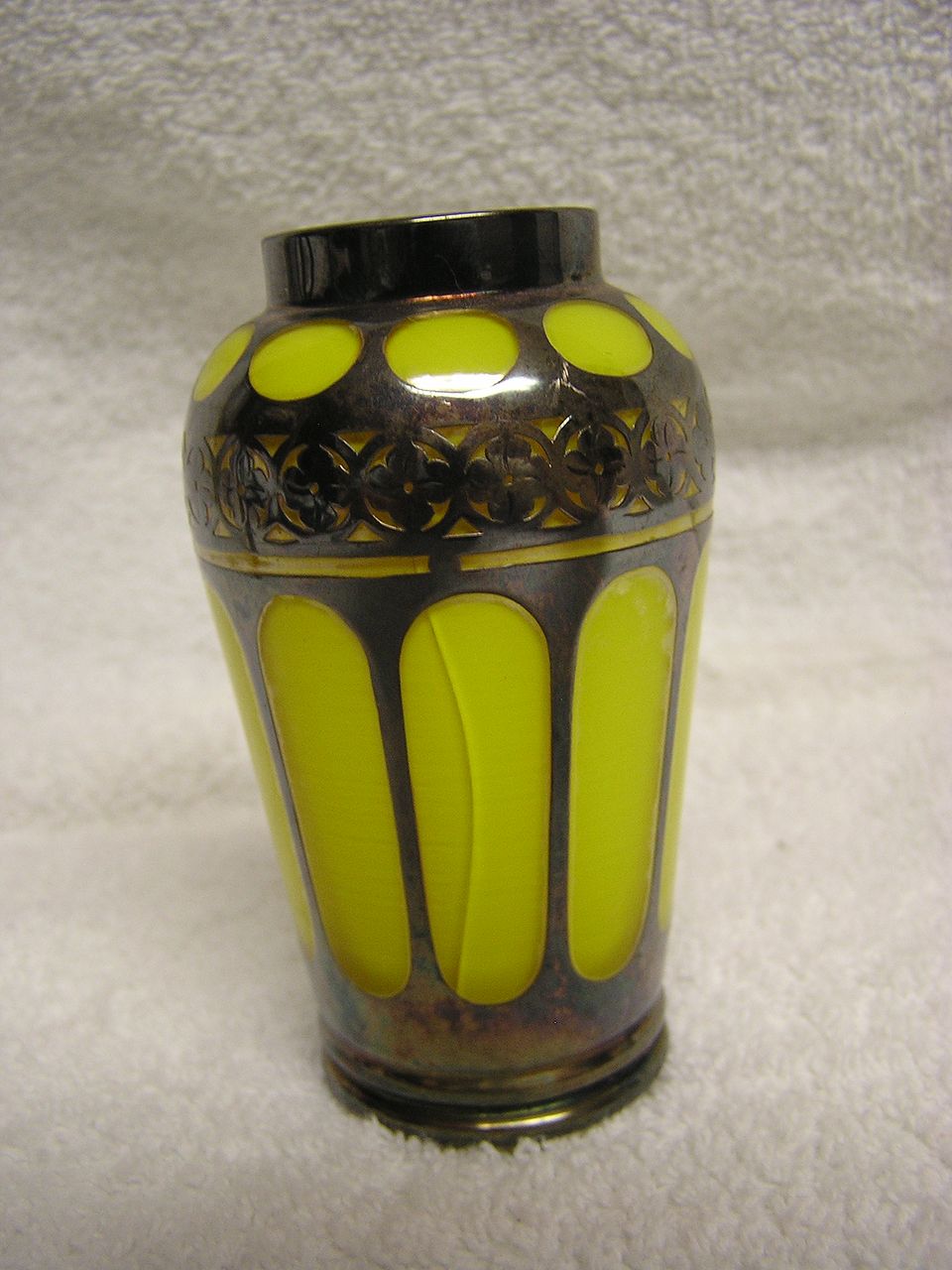 Vintage Yellow Glass Metal Designed Vase Vintage Yellow Glass Metal Designed Vase